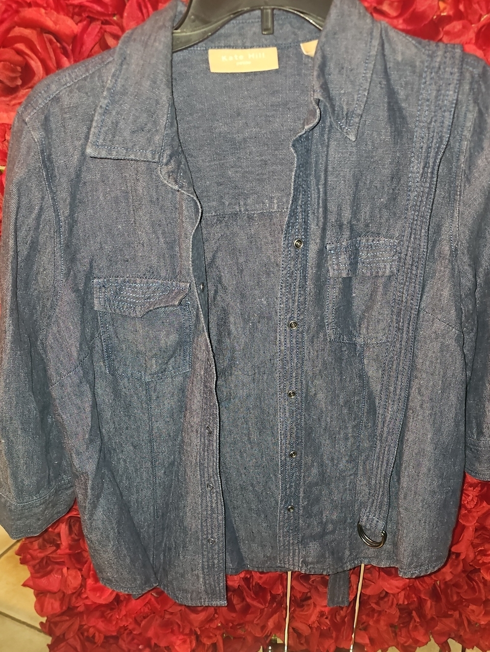 Kate Hill 100% Linen Petite Denim Snap Button-Front Utility Shirt Size 10P
